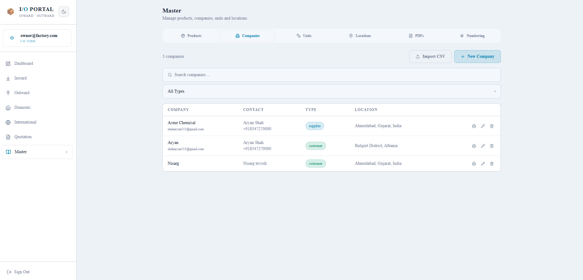 Inward-Outward company listing screen